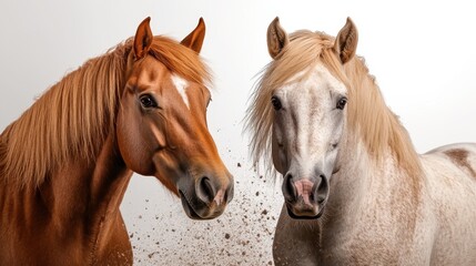Fototapeta premium A captivating portrait of two distinguished horses, one brown and one white, displaying their noble features and beautiful long manes against a subtle background, radiating strength.