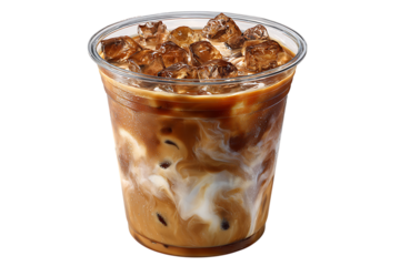 Refreshing iced coffee with swirls of cream and ice cubes in a clear plastic cup
