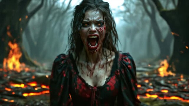 Scary character against the dark background. Creepy movie in horror fantasy genre. Chilling atmosphere.