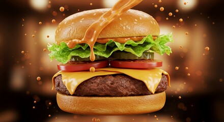 Juicy Cheeseburger with Melted Cheese and Sauce Splash