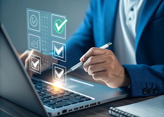 Business professional using a laptop and digital checklist interface with checkmarks and graph icons for task completion and progress tracking