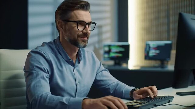 Middle-aged programmer coding late at night in a dimly lit modern office