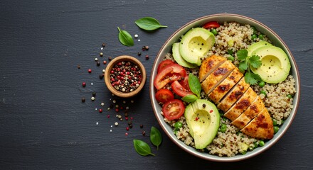 Savor the vibrant flavors of this healthy quinoa bowl, featuring grilled chicken, avocado, and fresh tomatoes.