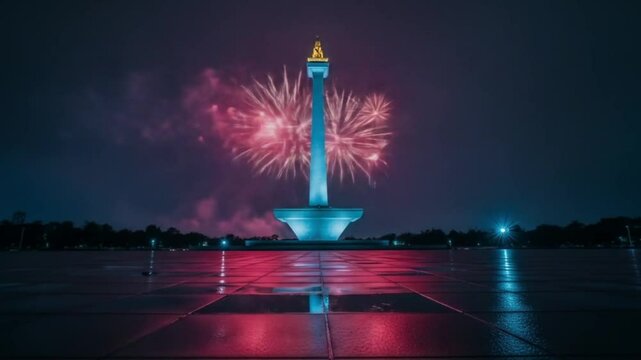 Monas monument illuminated at night with fireworks in the background, reflecting on the wet ground.