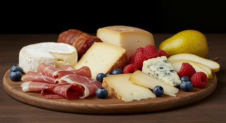 Indulge in this exquisite cheese and charcuterie board, a delightful symphony of flavors and textures.