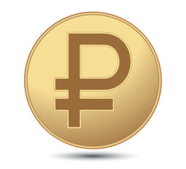 Gold coin with Russian ruble sign.