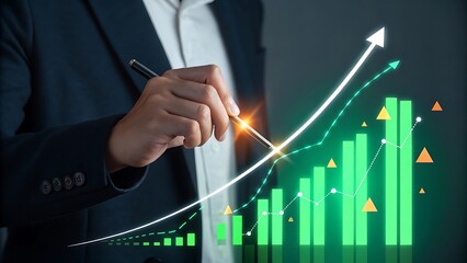 Businessman pointing at a glowing green bar chart with an upward trend arrow indicating financial growth and success
