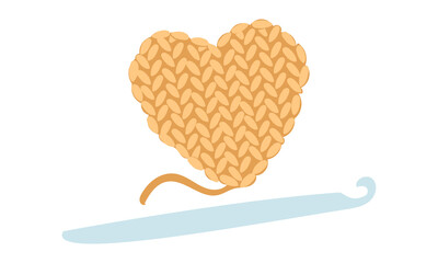Crochet heart. Soft object and iron hook. Handmade isolated theme. Cozy atmosphere. Flat color illustration. For websites about knitting, handicrafts, apps, blogs, printed products, or hobby goods