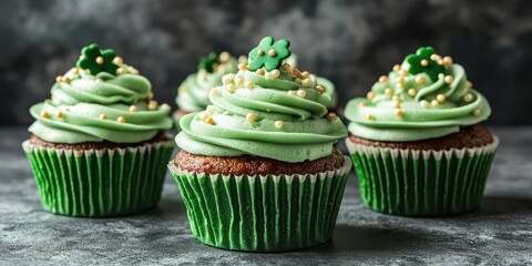 Delicious green cupcakes decorated with shamrocks for a festive celebration