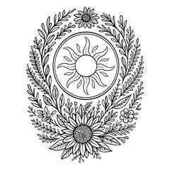 Mystisches Mittsommer-Mandala mit Sonne, filigrane schwarz-weiße Illustration zur Sonnenwende. Symbolisiert Licht, Energie und Naturkraft - ideal für Meditation, Yoga, spirituelle Dekoration.