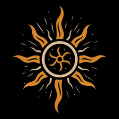 Sonne in kräftigem Orange und Schwarz, stilisiertes Mandala als kraftvolles Symbol für Energie, Wärme und Licht. Perfekt für Mittsommer, Sonnensymbolik, spirituelle und dekorative Anwendungen.