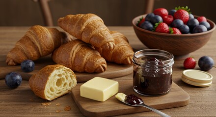 Rustic Breakfast Delight: Croissants, Jam, and Berries Await
