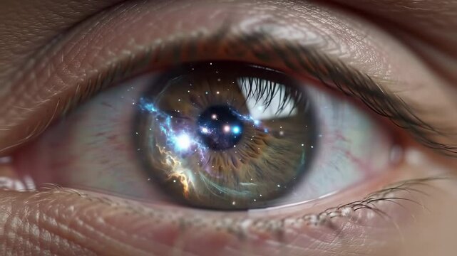 Close-up of a human eye with a galaxy reflected in the pupil, symbolizing cosmic awareness and inner universe