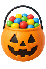 Orange Jack-o'-Lantern Candy Bucket with Multicolored Gumballs, 3D Realism Cutout on Transparent Background