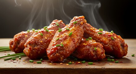 Steaming Hot, Honey-Glazed Chicken Wings Garnished with Fresh Chives