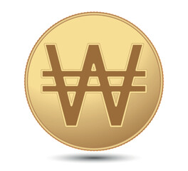 Gold coin with South Korea won sign.