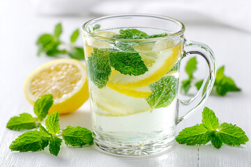 Fototapeta premium Cold healthy beverage of water lemon and mint leaves