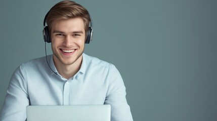Smiling man using laptop and headphones for online work or study