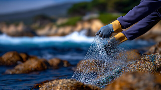 Close-up of Gloved Hands Pulling Fishing Nets from Shoreline