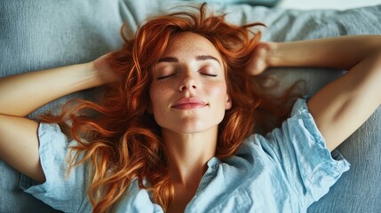 This image shows a serene woman lounging on a soft couch, eyes closed, embodying relaxation and tranquility, inviting viewers to appreciate the essence of peaceful moments.