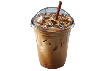 Refreshing iced coffee with milk and ice in a clear plastic cup with a straw