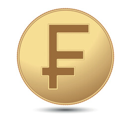 Gold coin with Swiss Franc sign. Swiss Franc sign.