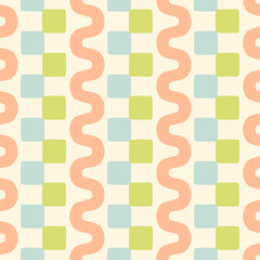 Hand drawn abstract geometric stripe seamless pattern. Check squares and wavy lines background. Pastel geo border print.