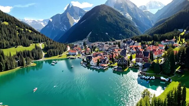 scenic peaceful Swiss lake, aerial view of Iseltwald on Brienz lake in Switzerland