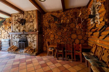 Inside view on restaurant, pub vintage wooden interior