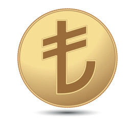 Gold coin, Turkey Lira. Turkey Lira sign.