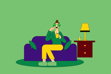 Fototapeta premium Caucasian woman dressed in green with shamrock glasses for st patrick's day laughing. Staying at home in self isolation during quarantine lockdown.