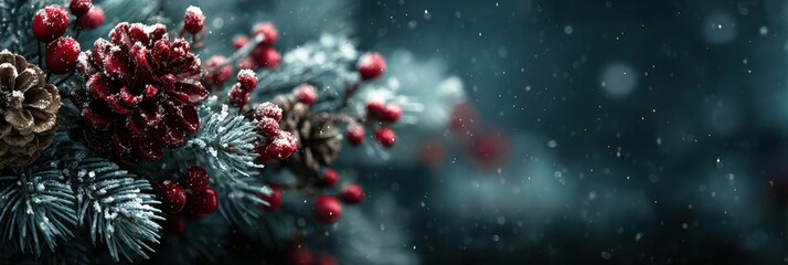 Winter wonderland featuring frosted pinecones and red berries in a snowy forest during the holiday season