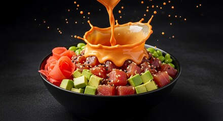 Spicy Orange Sauce Cascades Over Vibrant Poke Bowl