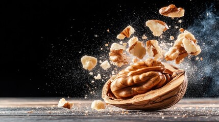 A dynamic image capturing the explosive moment of a walnut shell bursting open, scattering nut pieces elegantly against a dark background for dramatic effect.