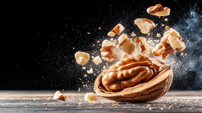 A dynamic image capturing the explosive moment of a walnut shell bursting open, scattering nut pieces elegantly against a dark background for dramatic effect.