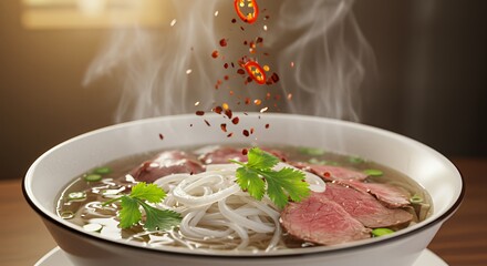 Steaming Pho with Sizzling Chili Flakes: A Culinary Delight