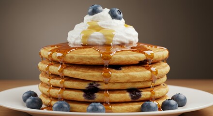 Golden Syrup Drizzles Delightful Blueberry Pancakes, Topped with Creamy Whipped Topping