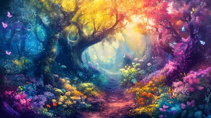 Obraz premium Vibrant Fantasy Forest Landscape: Enchanting Nature in Colorful Wonderland