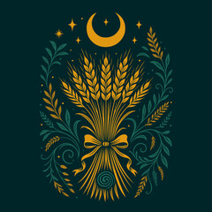 Lammas Kornähren - Erntemotiv Vektor mit Sichelmond. Spirituelles Design zu Lughnasadh. Ideal für Jahreskreisfeste, Altarbilder, Rituale, spirituelle Kunst, Wicca, Naturmagie und Pagan Art.