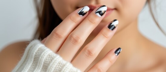 Stylish black and white nail art on a woman's hand.