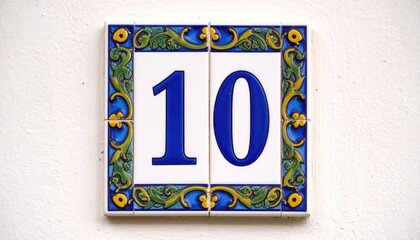 Fototapeta premium Colorful ceramic house number tile displaying the number ten, adorned with floral patterns