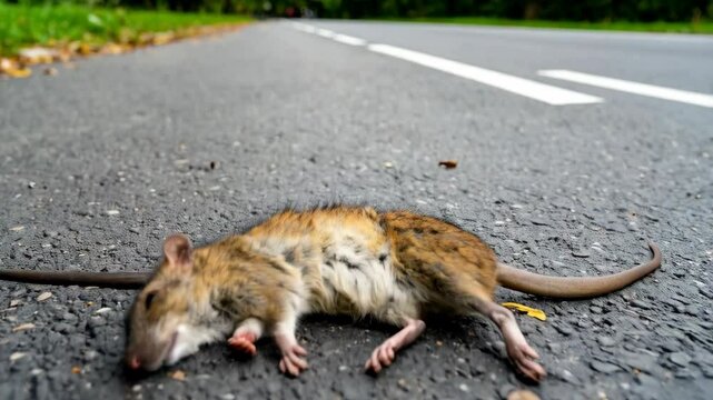 Dead brown rat lying prone on gray asphalt road surface with white lines marking lanes in daytime setting.