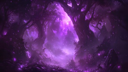 Enchanted Dark Fantasy Forest Background with Magical Purple Light