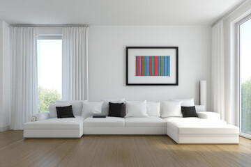 Fototapeta premium White modern minimalistic living room with large sectional sofa, black and white cushions, wooden floor, bright natural light, and colorful abstract wall art creates calm atmosphere