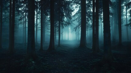 Fototapeta premium Enigmatic Dark Forest with Mystical Fog Background for Atmospheric Designs