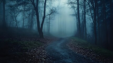 Fototapeta premium Mysterious Dark Foggy Forest with Path. Wild Woodland Nature Landscape.