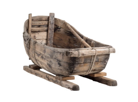 Antique wooden boat on sled, rustic watercraft, vintage vessel, Isolated On Transparent Background