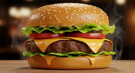 Juicy Cheeseburger Steaming on Wooden Table, Delicious Fast Food