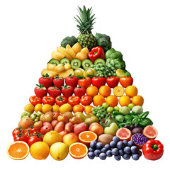 Vibrant Fruit Vegetable Pyramid on Black Health Nutrition Freshness Diet on transparent background