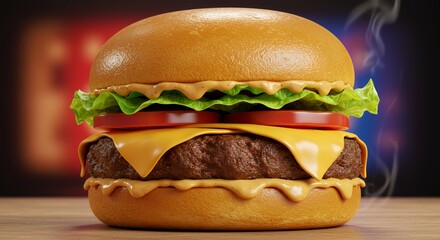 Juicy, Melty Cheese Burger Steaming Hot on Wooden Table